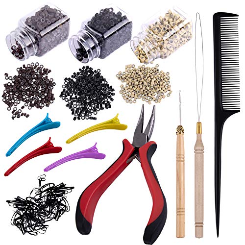 Duufin Hair Extensions Tools Kit 1500 Pcs Micro Ring Beads(Black, Blonde and Brown) 1 Micro Beads Plier 2 Hook Needle Pulling Loop 4 Plastic Alligator Clips 1 Comb and 2 Bags Black Mini Rubber Bands