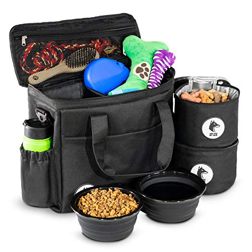 Top Dog Travel Bag - Airline Approved Travel Set for Dogs Stores All Your Dog Accessories - Includes Travel Bag, 2X Food Storage Containers and 2X Collapsible Dog Bowls - Black