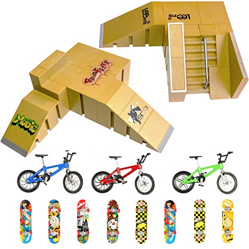 Evolving Minds Fingerboard Ramps Skatepark Set  Mini Skateboards for Fingers, 8 Fingerboard Rail Deck, 8 Finger Board and 3 Finger BMX Bike  Miniature Toys Skateboard Ramp for Beginners and Pros