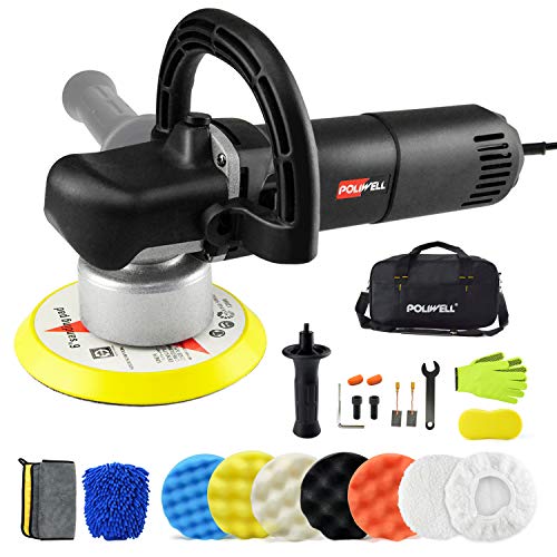 POLIWELL 6 Inch Polisher Dual Action Random Orbital Car Buffer Polisher Kit Detachable Side/D-Handle, Variable Speed, 5 Polishing Pads, 2 Bonnet Pads, Cleaning Set for Auto Washing, Buffing and Waxing