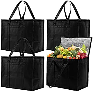 Bekith 4 Pack XL Insulated Reusable Grocery Bags with Zippered Top, Insulated Shopping Bag for Groceries or Food Delivery, Foldable, Washable, Heavy Duty, Stands Upright, Reinforced Bottom, Black