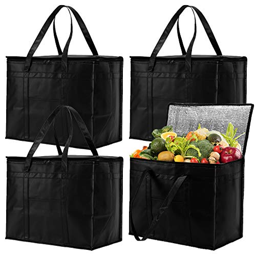 Bekith 4 Pack XL Insulated Reusable Grocery Bags with Zippered Top, Insulated Shopping Bag for Groceries or Food Delivery, Foldable, Washable, Heavy Duty, Stands Upright, Reinforced Bottom, Black