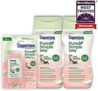 Coppertone Pure & Simple Baby SPF 50 Mineral Based Sunscreen Lotion + Stick Sunscreen Multi-pack (6-Fluid Ounce Bottle, Pack of 2 + 0.49 Ounce Stick) (Package may vary)