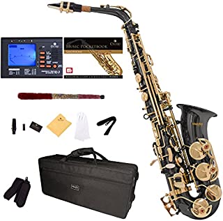 Mendini by Cecilio Eb Alto Sax w/Tuner, Case, Mouthpiece, 10 Reeds, Pocketbook and 1 Year Warranty, MAS-BK Black Lacquer E Flat Saxophone