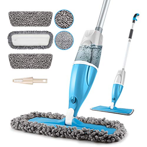 Microfiber Spray Floor Mops for Floors Cleaning, POPTEN 360 Degree Cleaning Kitchen Mop with 640ML Refillable Bottle,3 Washable Mop Pads and 1 Scraper Dust Mop Wet Mop for Laminate,Hardwood,Ceramic