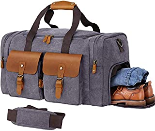 WOWBOX Duffle Bag for Men Women Canvas Genuine Leather Large Duffel Bag Overnight Weekender Bag with Waterproof Shoe Compartment+Shoulder Strap with Pad, Gym Bag Travel Luggage Bag with Tag(Grey)