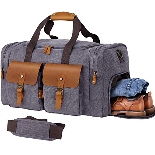 WOWBOX Duffle Bag for Men Women Canvas Genuine Leather Large Duffel Bag Overnight Weekender Bag with Waterproof Shoe Compartment+Shoulder Strap with Pad, Gym Bag Travel Luggage Bag with Tag(Grey)