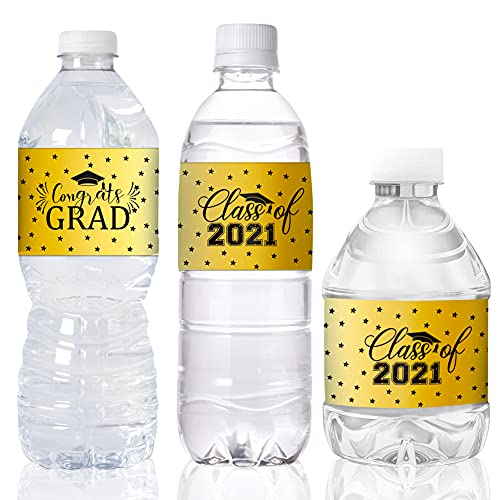 FaCraft Graduation Labels Stickers for Water Bottles,24pcs Gold Class of 2021 Water Bottle Wrapper Labels Decal,Waterproof Water Bottle Labels for Graduation College High School Senior Party Favor