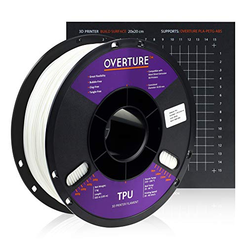 Overture TPU Filament 1.75mm Flexible TPU Roll with 200 x 200 mm Soft 3D Printer Consumables, 1kg Spool (2.2 lbs.) , Dimensional Accuracy +/- 0.05 mm, 1 Pack (White)