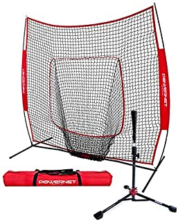 PowerNet Baseball Softball Practice Net 7x7 with Deluxe Tee (Red) | Practice Hitting, Pitching, Batting, Fielding | Portable, Backstop, Training Aid, Large Mouth, Bow Frame | Training Equipment Bundle