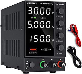 DC Power Supply Variable, Adjustable Switching Bench Power Supply (0-30 V 0-5 A) with 4-Digits LED Display, 5V/3.6A USB Quick-Charge Interface, Short Circuit Alarm, Coarse and Fine Adjustments