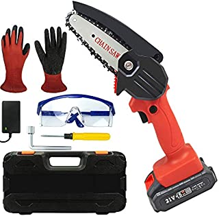 Mini Chainsaw, Uiong Cordless Rechargeable Power 4-Inch Chain Saw One-Handed Portable Electric Pruning Shears Pruner for Tree Branch Wood Cutting with Gloves and Goggles