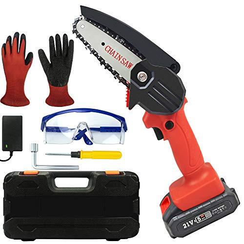 Mini Chainsaw, Uiong Cordless Rechargeable Power 4-Inch Chain Saw One-Handed Portable Electric Pruning Shears Pruner for Tree Branch Wood Cutting with Gloves and Goggles