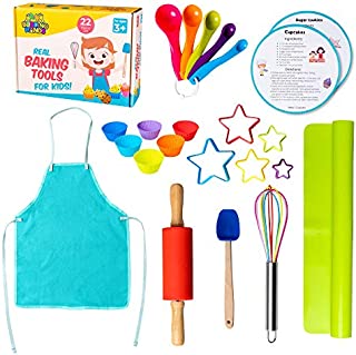 Complete Kids Cooking and Baking Set - 22 Pcs real kids baking set. Includes apron, rolling pin, cookie cutters, mixing whisk, silicone cupcake mold, and mat. Ages 3+