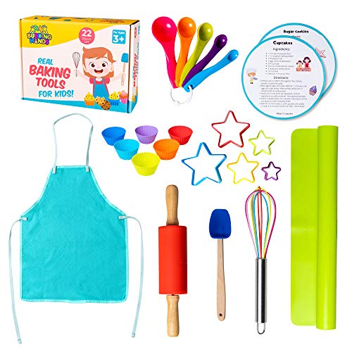 Complete Kids Cooking and Baking Set - 22 Pcs real kids baking set. Includes apron, rolling pin, cookie cutters, mixing whisk, silicone cupcake mold, and mat. Ages 3+