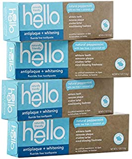 Hello Oral Care Fluoride Free Antiplaque & Whitening Toothpaste, Vegan & SLS Free, Natural Peppermint with Tea Tree Oil & Coconut Oil, 4 Count