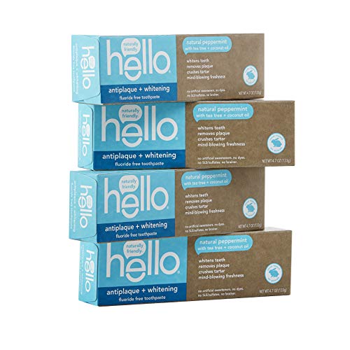 Hello Oral Care Fluoride Free Antiplaque & Whitening Toothpaste, Vegan & SLS Free, Natural Peppermint with Tea Tree Oil & Coconut Oil, 4 Count