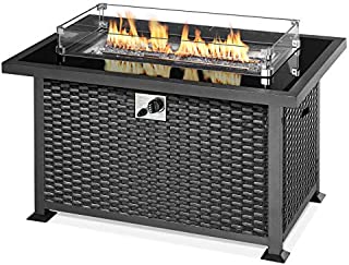 U-MAX 44in Outdoor Propane Gas Fire Pit Table, 50,000 BTU Auto-Ignition Gas Firepit with Glass Wind Guard, Black Tempered Glass Tabletop & Clear Glass Rock, Black PE Rattan, CSA Certification