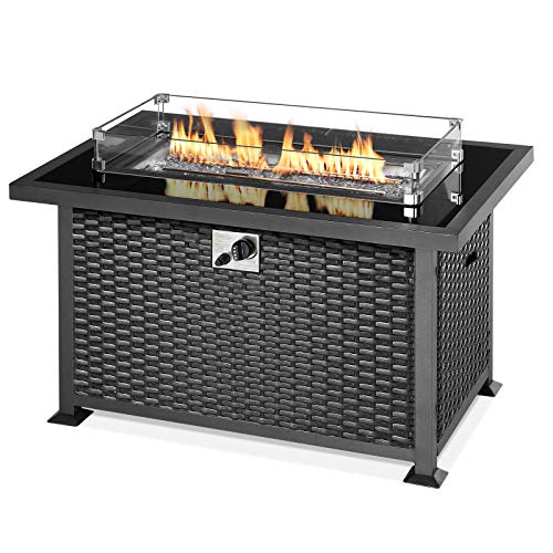 U-MAX 44in Outdoor Propane Gas Fire Pit Table, 50,000 BTU Auto-Ignition Gas Firepit with Glass Wind Guard, Black Tempered Glass Tabletop & Clear Glass Rock, Black PE Rattan, CSA Certification