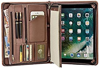 Vintage Crazy-Horse Leather Portfolio for iPad Pro 10.5, Handmade Padfolio Case Business Zippered Organizer Document Folder with Letter Size Notepad, Travel Portfolio Carry Case