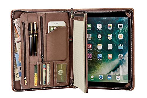 Vintage Crazy-Horse Leather Portfolio for iPad Pro 10.5, Handmade Padfolio Case Business Zippered Organizer Document Folder with Letter Size Notepad, Travel Portfolio Carry Case