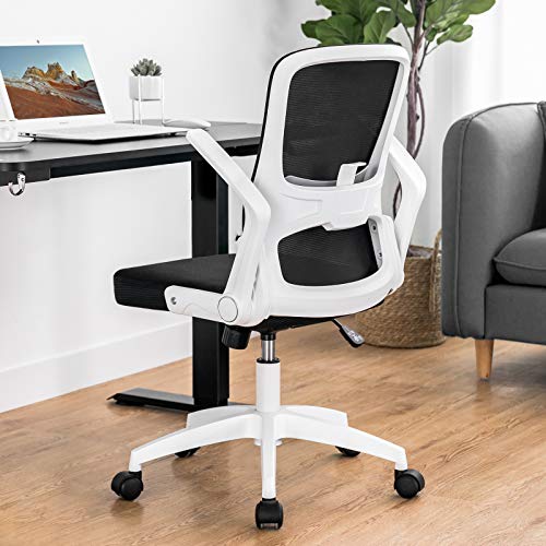 ComHoma Office Chair Ergonomic Mesh Desk Chair Swivel Mid Back Computer Chair Flip Up Arms with Lumbar Support Adjustable Height Task Chair White