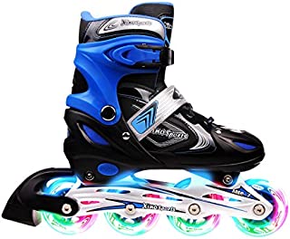 Xino Sports Kids Inline Skates for Girls & Boys - Adjustable Roller Blades with LED Illuminating Light Up Wheels - Youth Skates Can Be Used Indoors & Outdoors (Blue, Youth Big Kid Medium - 1-4)