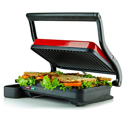 Ovente Electric Indoor Panini Press Grill with Non-Stick Double Flat Cooking Plate & Removable Drip Tray, Countertop Sandwich Maker Toaster Easy Storage & Clean Perfect for Breakfast, Red GP0620R