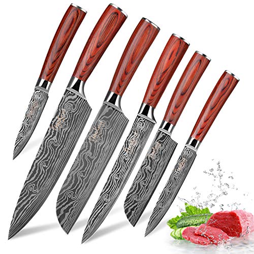 Kitchen Knife Sets, FineTool Professional Chef Knives Set Japanese 7Cr17mov High Carbon Stainless Steel Vegetable Meat Cooking Knife Accessories with Red Solid Wood Handle, 6 Pieces Set Boxed Knife