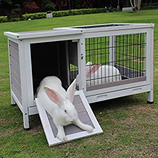 ROCKEVER Rabbit Hutch Indoor Bunny Cages Guinea Pig Hutch Wooden Small Animals Cage with Tray Grey