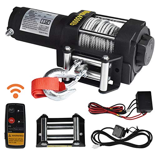 Winches, Hantun 4500lbs Electric Single Line 12V DC Electric Towing Winch for ATV, with Roller Fairlead, Mount Plate and Wireless Handheld Remote