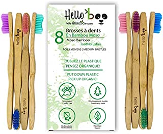 Bamboo Toothbrush for Adults and Teenagers | 8 Pack Biodegradable Tooth Brush Set | Organic Eco-Friendly Moso Bamboo with Ergonomic Handles and Medium Nylon Bristles | by Hello Eco Company