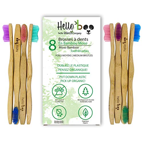 Bamboo Toothbrush for Adults and Teenagers | 8 Pack Biodegradable Tooth Brush Set | Organic Eco-Friendly Moso Bamboo with Ergonomic Handles and Medium Nylon Bristles | by Hello Eco Company