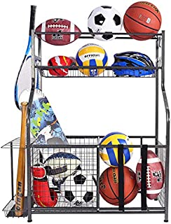 Mythinglogic Garage Storage System, Garage Organizer with Baskets and Hooks, Sports Equipment Organizer for Kids, Ball Rack, Garage Ball Storage, Sports Gear Storage, Black, Powder Coated Steel