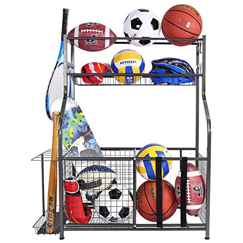 Mythinglogic Garage Storage System, Garage Organizer with Baskets and Hooks, Sports Equipment Organizer for Kids, Ball Rack, Garage Ball Storage, Sports Gear Storage, Black, Powder Coated Steel