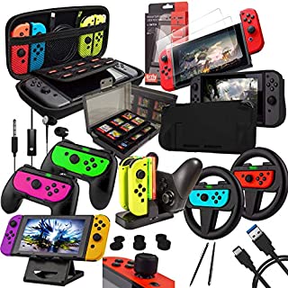 Switch Accessories Bundle - Orzly Geek Pack for Nintendo Switch: Case & Screen Protector, Joycon Grips & Racing Wheels, Switch Controller Charge Dock, Comfort Grip Case & More - JetBlack