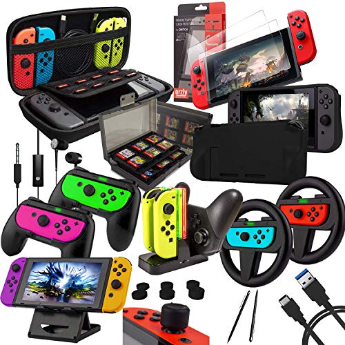 Switch Accessories Bundle - Orzly Geek Pack for Nintendo Switch: Case & Screen Protector, Joycon Grips & Racing Wheels, Switch Controller Charge Dock, Comfort Grip Case & More - JetBlack