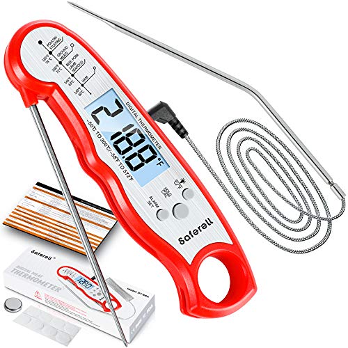 Meat Thermometer for Cooking, Saferell 2-in-1 Digital Instant Read Food Thermometer with Foldable Probe & Oven Safe Wired Probe, Backlight, Alarm Set, and Magnet for BBQ, Grill, and Roast Turkey