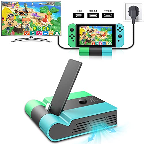 E-MODS GAMING Switch TV Dock, Foldable TV Docking Station Replacement for Nintendo Switch, Portable Charging Stand for Nintendo Switch with 4K HDMI USB 3.0 and Type C Power Ports (Blue+Green)