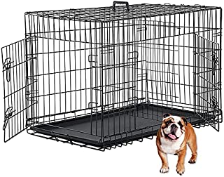 Dog Crate, Dog Kennel 48 Inch Double Door Metal Crate Foldable Puppy Supplies Cage with Divider Panel, Handle, Plastic Tray for Pet Animals Outdoor Indoor (48 Inch)