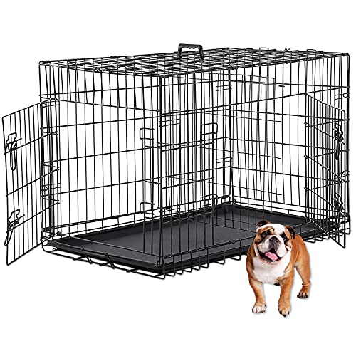 Dog Crate, Dog Kennel 48 Inch Double Door Metal Crate Foldable Puppy Supplies Cage with Divider Panel, Handle, Plastic Tray for Pet Animals Outdoor Indoor (48 Inch)