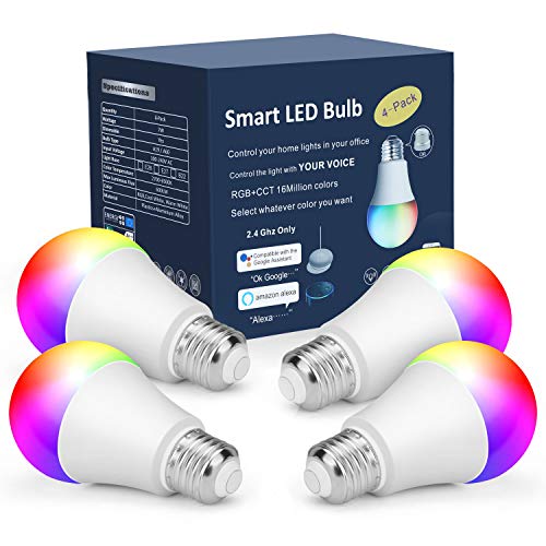 OHLUX Smart WiFi LED Light Bulbs Compatible with Alexa and Google Home (No Hub Required), RGBCW Multi-Color, Warm to Cool White Dimmable, 60W Equivalent, 7W E26 A19 Color Changing Bulb-4PACK