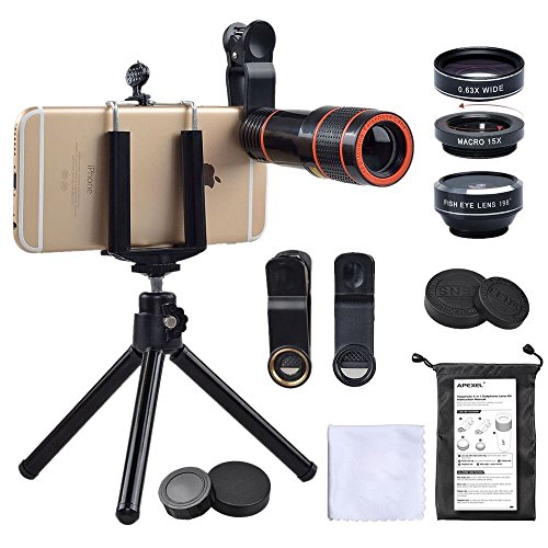 iPhone Camera Lens, 12x Telephoto Lens + 0.63x Wide Angle & Macro Lenses + 180° Fisheye Lens, Clip-On Lenses for iPhone X 8 7 6s 6 Plus, Samsung Smartphones & Tablet