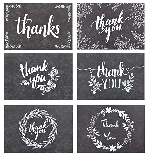 120 Elegant Black and White Chalkboard Kraft Thank You Cards with Kraft Envelopes and Stickers - 6 Designs Bulk Notes with White Letters for Weddings, Business, Formal and All Occasions 4x6 Inch