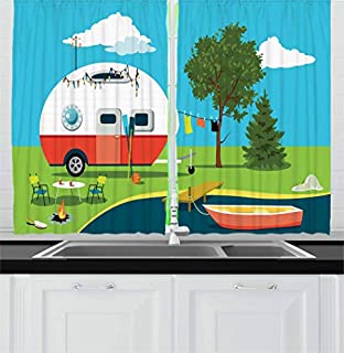 Lunarable Happy Camper Kitchen Curtains, Cartoon Fishing Trip Scene Caravan Boat Fire Pit Camping Table Laundry Line, Window Drapes 2 Panel Set for Kitchen Cafe Decor, 55