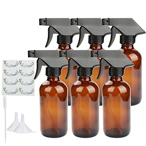 Amber Spray Bottles, Maredash Amber Glass Storage Bottle w/Black Trigger Sprayer & Labels & Lids, Refillable Container for Water, Essential Oils, Cleaning Products, etc (8 oz, 6 Pcs)