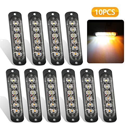 10 Pack Flashing Strobe Lights for Trucks Car Vehicle Van, 6 LED Surface Mount Emergency Beacon Hazard Warning Strobe Light Bar Waterproof For Automotive Off Road Vehicle ATV SUV (Amber/White)