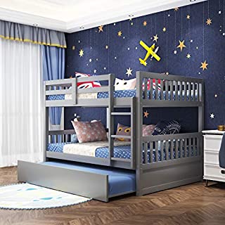 Olela Full Over Full Bunk Bed with Twin Trundle,Convertible Wood Full Bunk Bed Frame with Trundle Guard Rail Ladder for Kids Teens,No Box Spring Need (Full Over Full Grey)