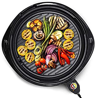 Elite Gourmet EMG-980B Large Indoor Electric Round Nonstick Grill Cool Touch Fast Heat Up Ideal Low-Fat Meals Easy to Clean Design Dishwasher Safe Includes Glass Lid, 14