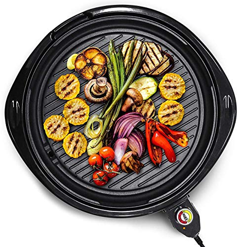 Elite Gourmet EMG-980B Large Indoor Electric Round Nonstick Grill Cool Touch Fast Heat Up Ideal Low-Fat Meals Easy to Clean Design Dishwasher Safe Includes Glass Lid, 14